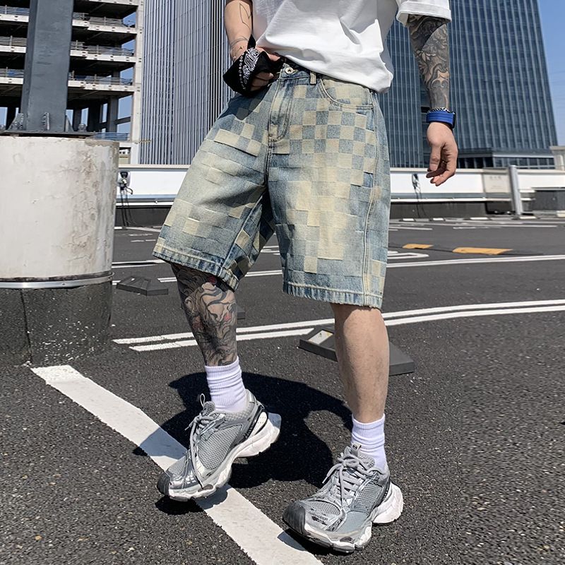 Men's Clothing High Street Plaid Denim Shorts Trend Retro Loose Straight Jacquard Five Point Pants_viptrois.com