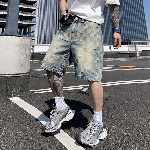 Men's Clothing High Street Plaid Denim Shorts Trend Retro Loose Straight Jacquard Five Point Pants_viptrois.com