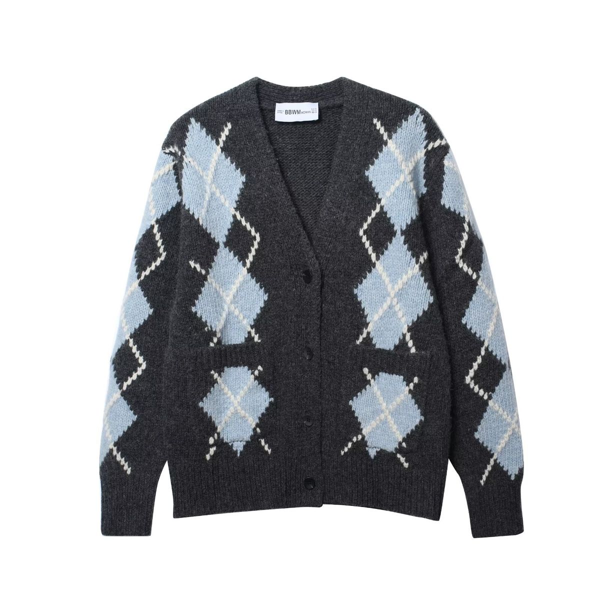 Autumn/Winter Women's Knit Cardigan – Versatile Diamond Pattern V-Neck Long Sleeve Button-Up Sweater (S-L) – Elegant Office & Casual Wear_viptrois.com