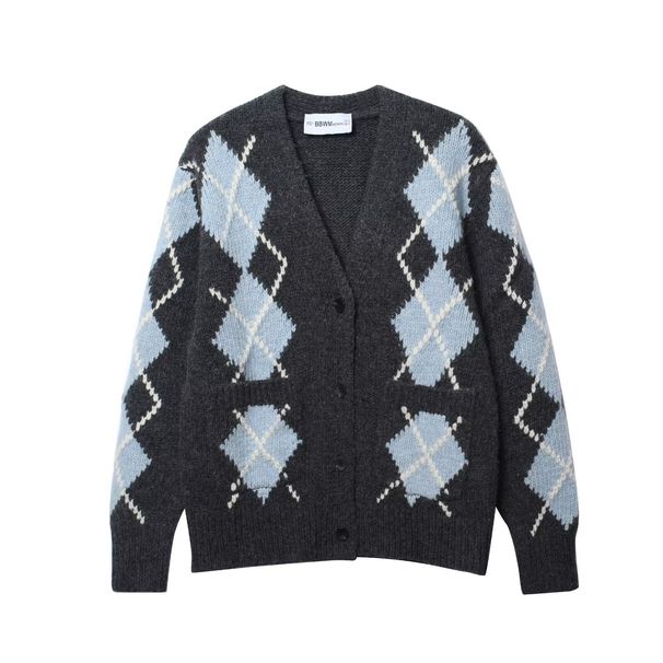Autumn/Winter Women's Knit Cardigan – Versatile Diamond Pattern V-Neck Long Sleeve Button-Up Sweater (S-L) – Elegant Office & Casual Wear_viptrois.com