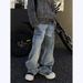 American Lightning Pattern Curved Knife Jeans Men's Trendy High Street Vibe Style Couple Straight Leg Micro Flared Pants_viptrois.com