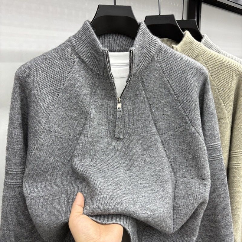 Stand Collar Zipper Solid Color Men's Autumn Winter Vintage Jacquard Versatile Fashion Casual Sweater Knitwear Men_viptrois.com