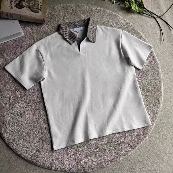 Youth Houndstooth Patchwork Polo Shirt Short Men's American Style Summer Trendy Brand Regular Shoulder Half Sleeve_viptrois.com