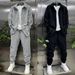 Men's Clothing Casual Spring Shirt Pants Set Comfortable Loose Fit Long Sleeve Shirt Trousers Stylish Matching Outfit (Black/White Grey, Sizes M-3XL)_viptrois.com