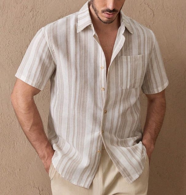 Men's Clothing Summer New Retro Texture Striped Casual Short Sleeved Shirt For Commuting_viptrois.com
