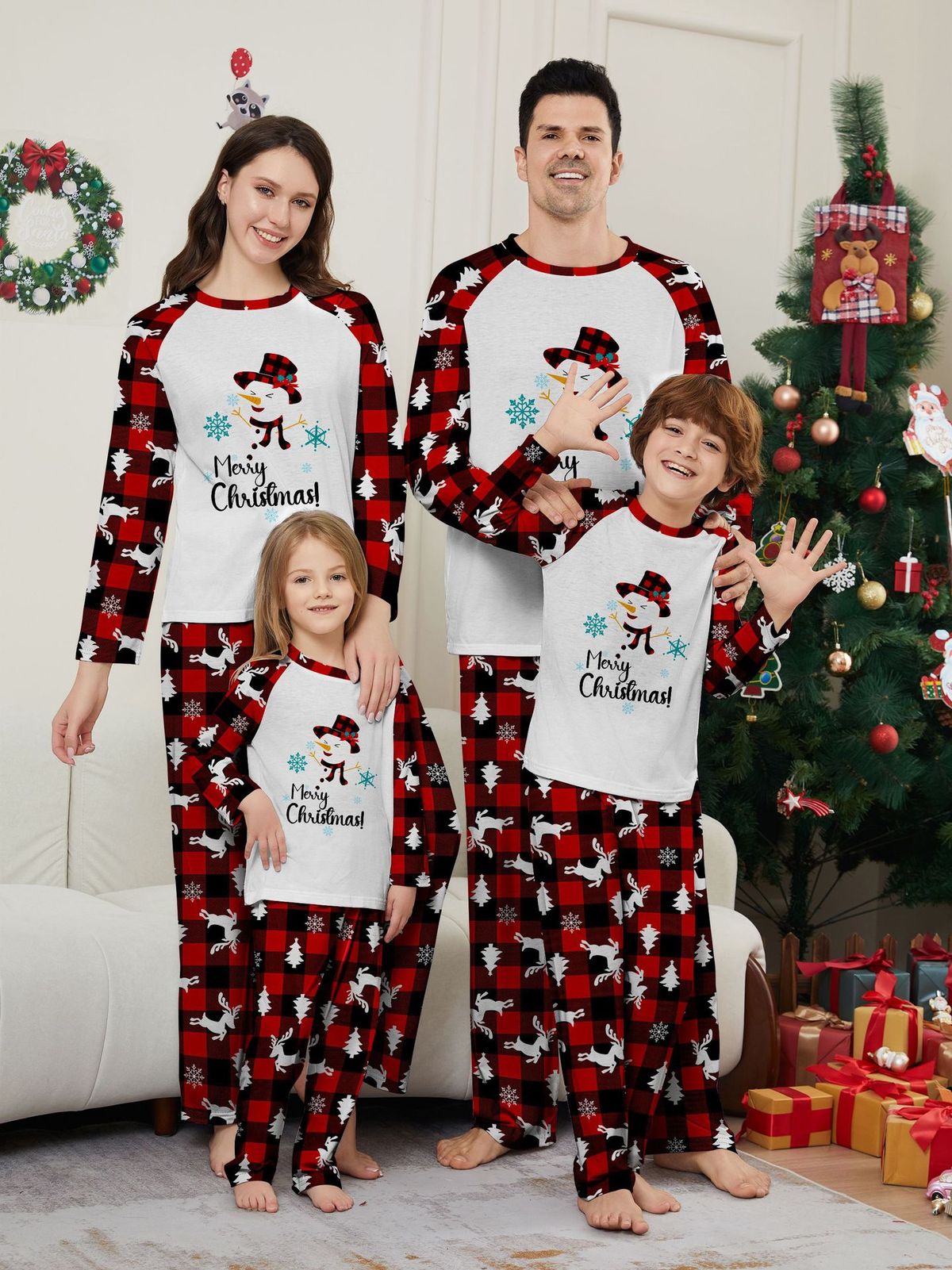 Christmas snowman Snowflake letters Christmas family suit printed home clothes pajamas_viptrois.com