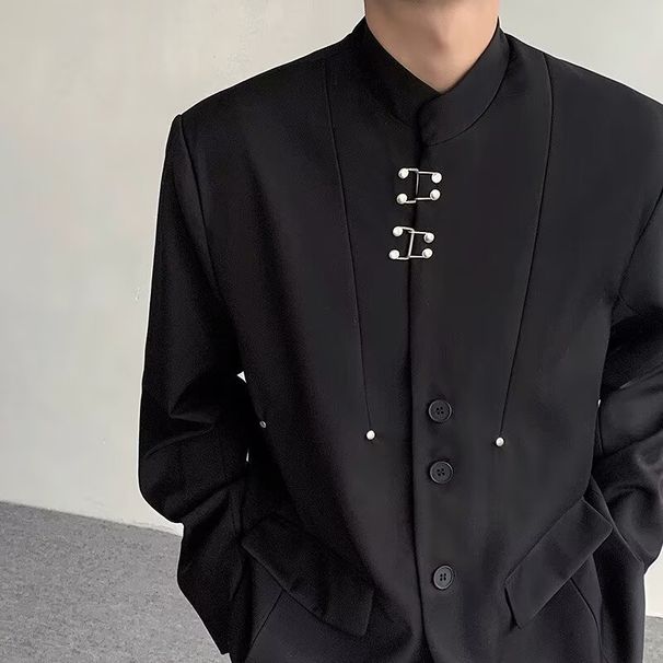 Shoulder Padded Suit Jacket, Men's Niche Design, Stand Up Collar Suit, High-end Buckle Zhongshan Suit_viptrois.com