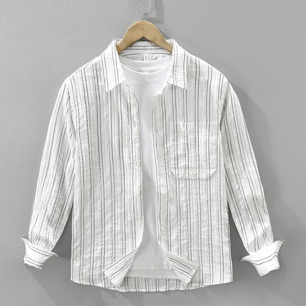 Striped Fresh Long Sleeved Shirt For Men, Fashionable And Versatile, Artistic And Casual Loose Top_viptrois.com
