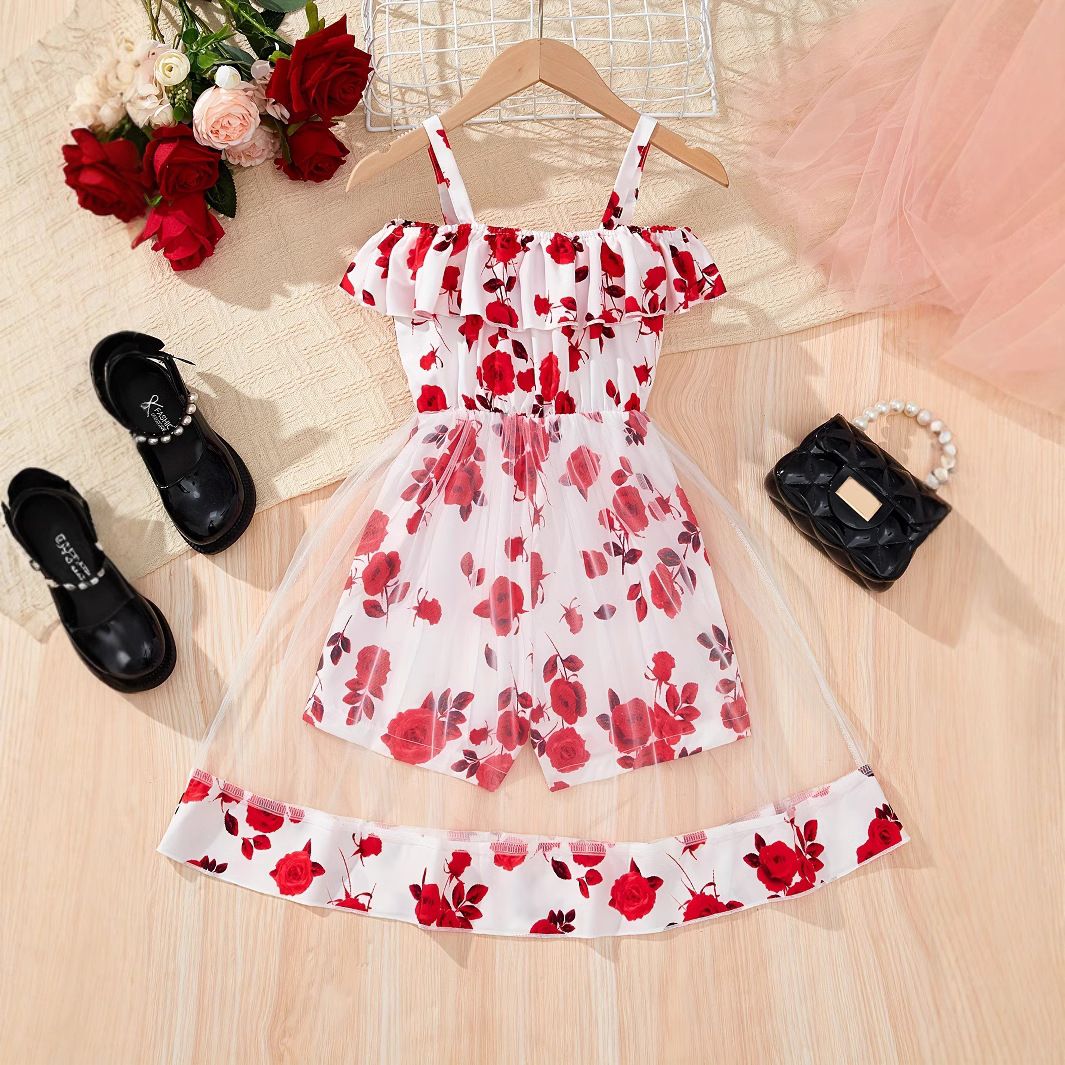 Mother & Kids INS Girls Summer Jumpsuit, Flower Pattern Jumpsuit_viptrois.com
