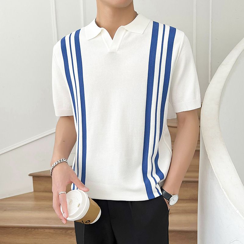 Men's Clothing Summer Polo Shirt Men's Casual Lapel Slim Ice Silk Knitted Half Sleeve Striped Contrast Color Thin Short Sleeve Men_viptrois.com