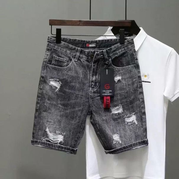 Men's Clothing Summer Thin Gray Ripped Denim Shorts Men's Style Slim Stretch Shorts Trendy Retro Pants_viptrois.com