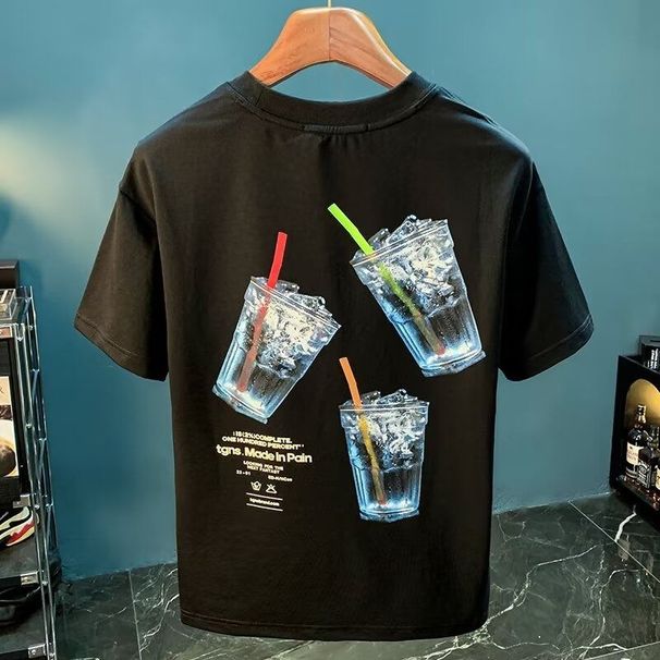 Summer Trendy Brand Cup Pattern Printing Short-sleeved T-shirt Men's Youth Crew Neck Versatile Design Sense Pure Cotton Ruffian Handsome Top_viptrois.com
