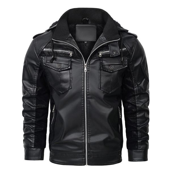 Hooded PU Leather Jacket Independent Station Leather Jacket Men's Winter Fleece Jacket European Size_viptrois.com