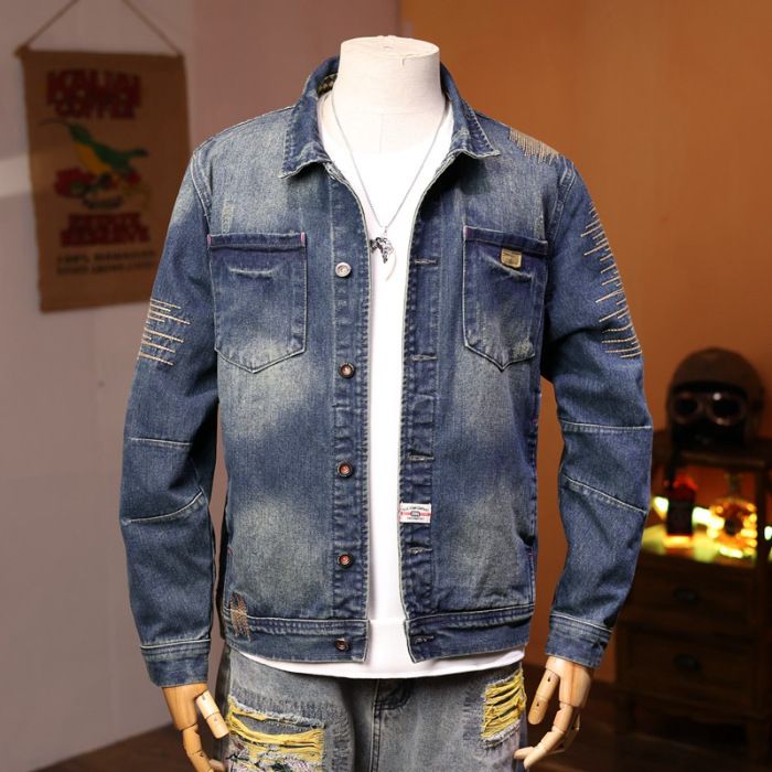 AM High End Trendy Denim Jacket Korean Style Retro Casual Clothing for Men Youthful Nostalgic Fashion_viptrois.com