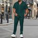 Men's Summer New Solid Color Button Pocket Shirt Short Sleeve Pants Two Piece Set_viptrois.com