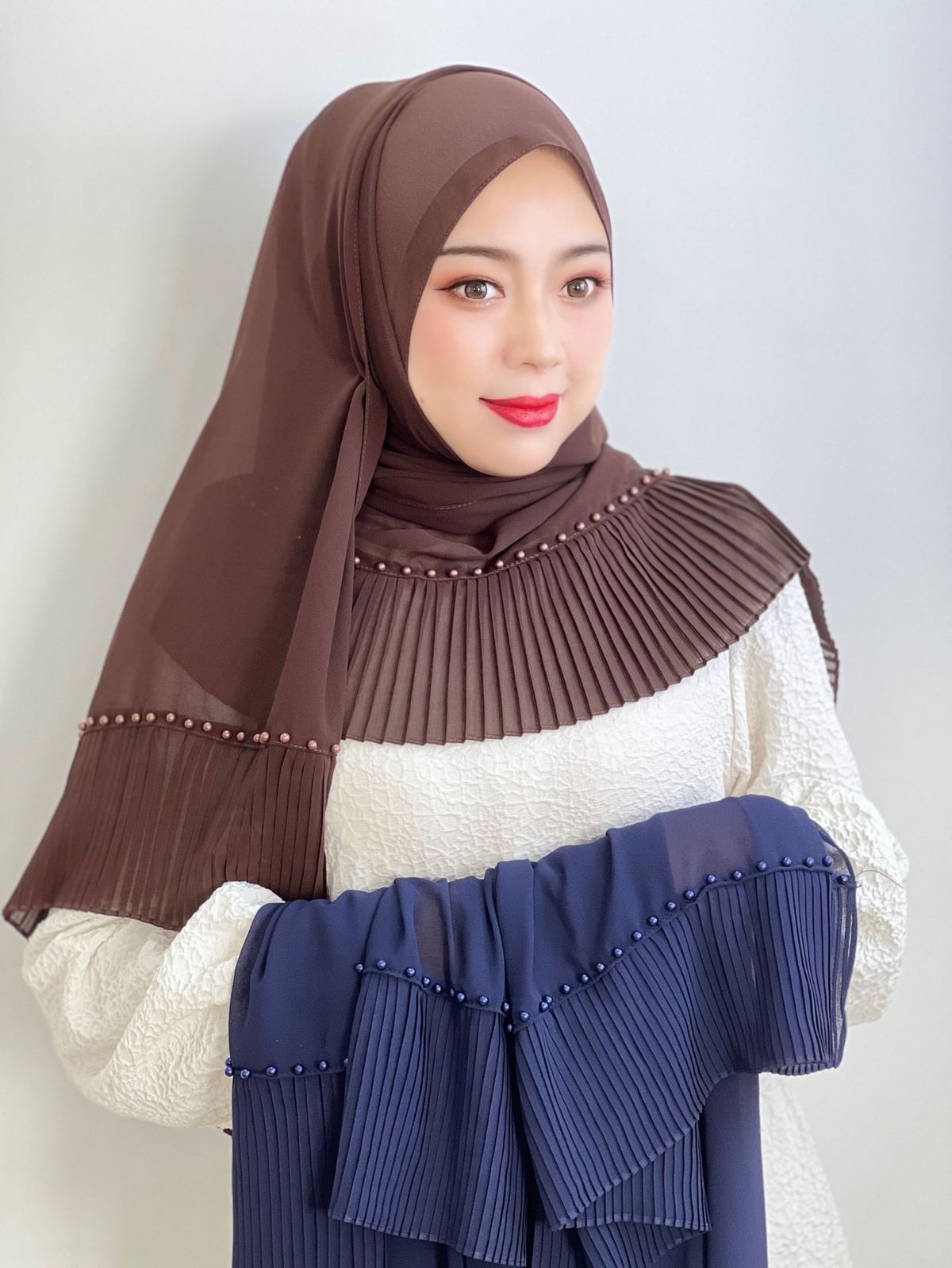 Women's Hijab solid color headscarf beaded pleated lace shawl scarf ladies headscarf hat_viptrois.com