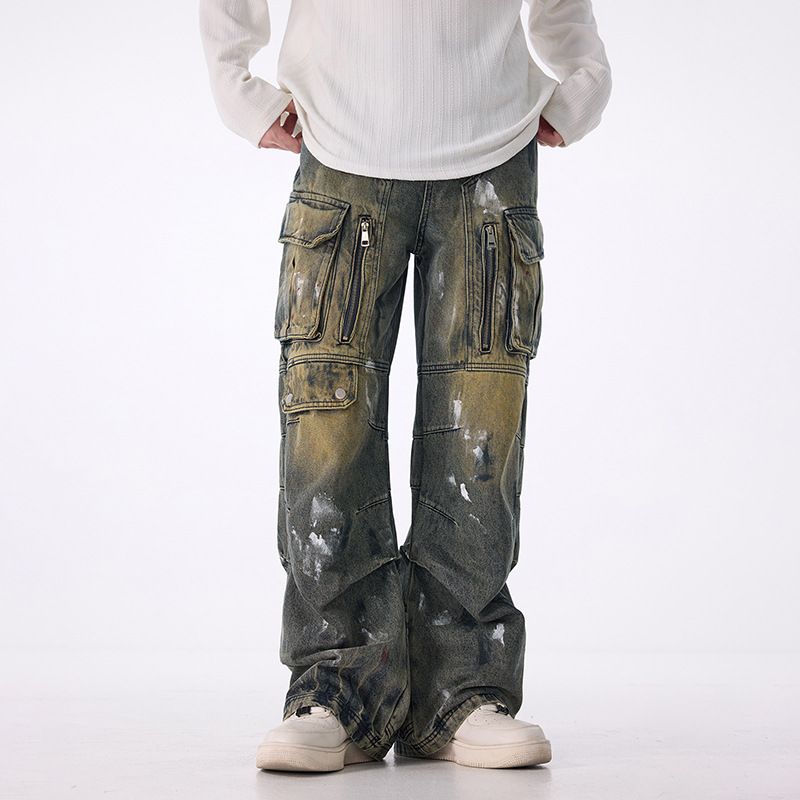 Men's Clothing American Style Multi Pocket Distressed Zipper Wide Leg Jeans For Men Loose Straight Leg Drape Motorcycle Niche_viptrois.com