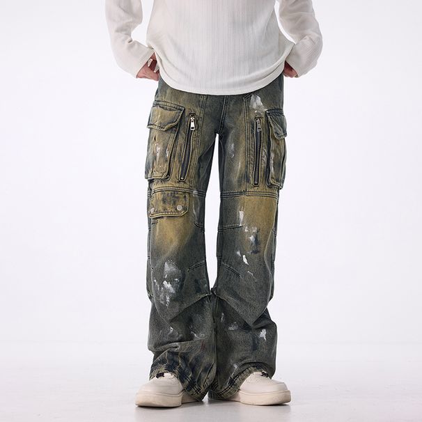 Men's Clothing American Style Multi Pocket Distressed Zipper Wide Leg Jeans For Men Loose Straight Leg Drape Motorcycle Niche_viptrois.com