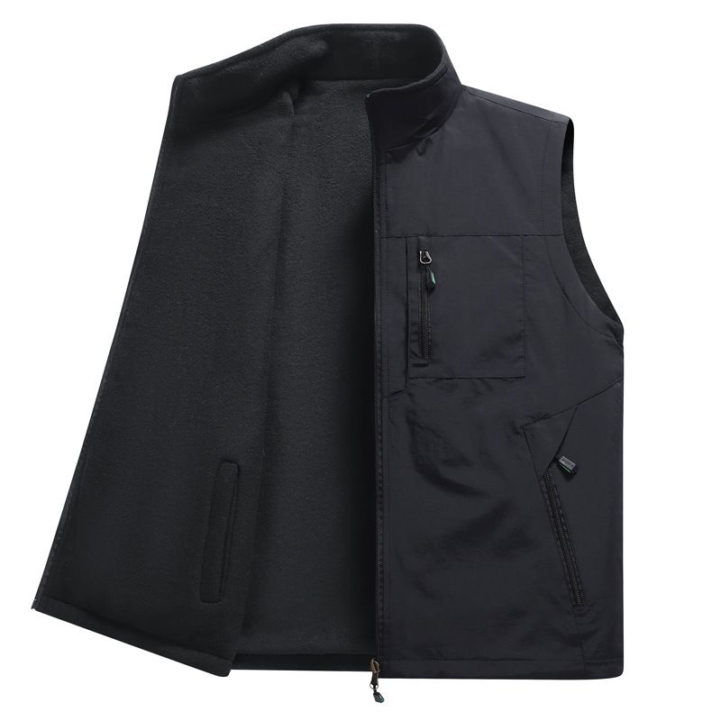 Men's Fleece Vest Winter Warm Reversible Outdoor Casual Jacket With Pockets (Khaki, Black, Gray, Navy, Army Green) - Sizes M To 6XL_viptrois.com
