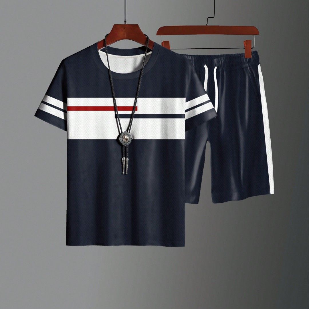 Men's Casual Summer T-Shirt And Shorts Set Black Polyester Short Sleeve Regular Fit Spring Summer Autumn Wear_viptrois.com