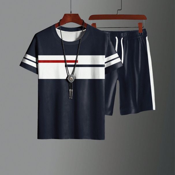 Men's Casual Summer T-Shirt And Shorts Set Black Polyester Short Sleeve Regular Fit Spring Summer Autumn Wear_viptrois.com