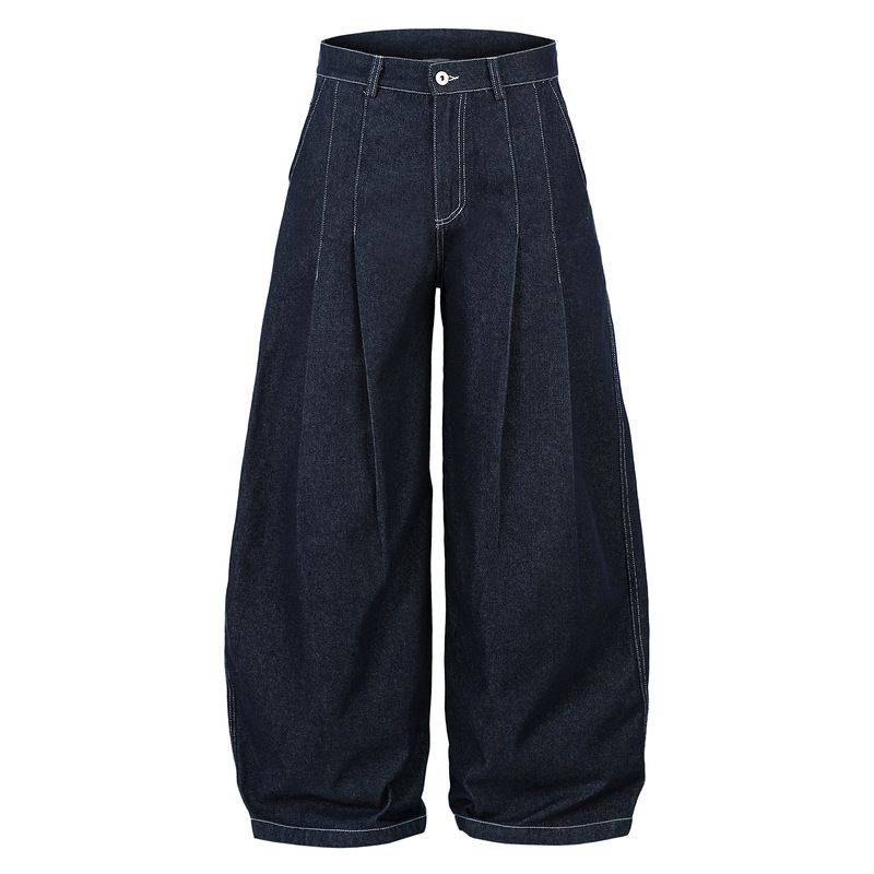 Men's Clothing High Waist Loose Wide Leg Pants 2025 Spring And Autumn New Blue Pleated Ins Straight Jeans_viptrois.com