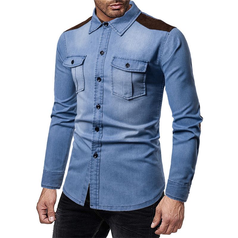Men's clothing washed long sleeve denim shirt Youth fashion casual simple shirt_viptrois.com