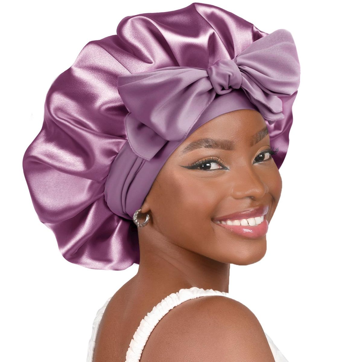Color Ding streamer round hat bow Extra large beauty care hair wide brimmed hat headscarf night cap_viptrois.com