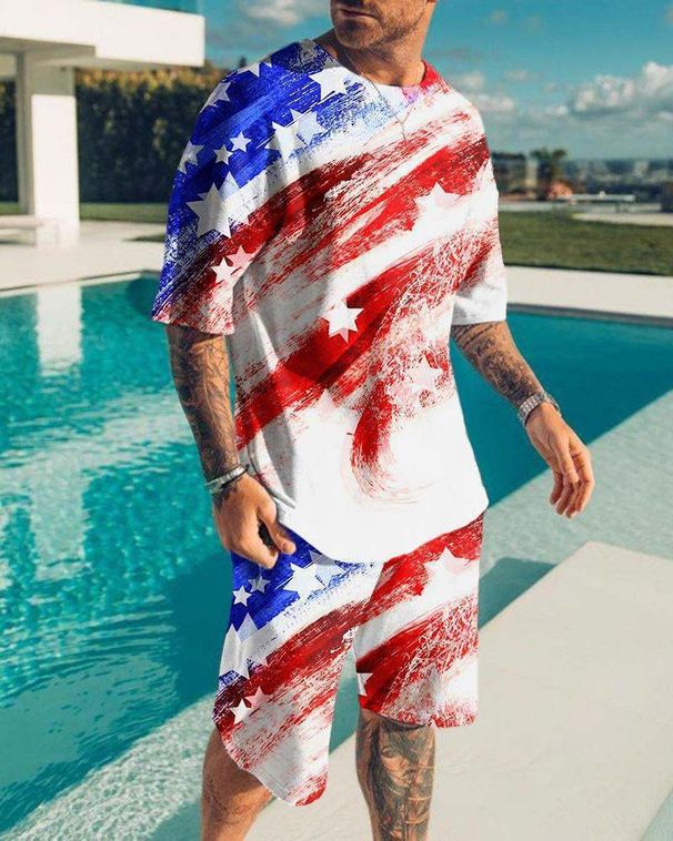 Men's Clothing 3D digital printing men's short sleeve beach pants suit trendy T-shirt shorts set_viptrois.com