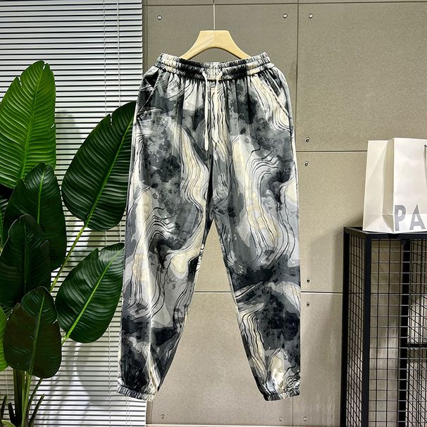 Fashion Nine-point Comfortable Cool High Print Elastic Waist Mid-rise Jogger Home Men's Thin Casual Pants_viptrois.com