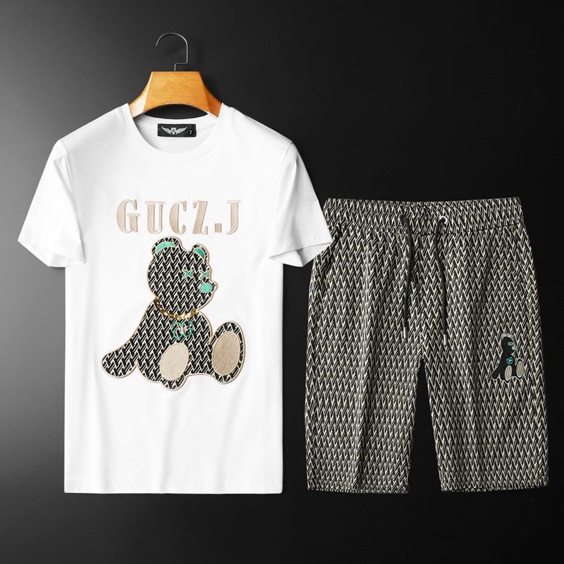 Men's Clothing station bear embroidered short-sleeved shorts suit men's brand handsome summer new men's set of matching_viptrois.com