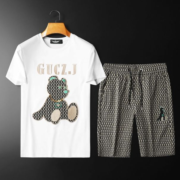 Men's Clothing station bear embroidered short-sleeved shorts suit men's brand handsome summer new men's set of matching_viptrois.com