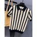 Men's Clothing Ice Silk Short Sleeved Shirt Slim Striped Colorblock Knitted Lapel T Shirt_viptrois.com