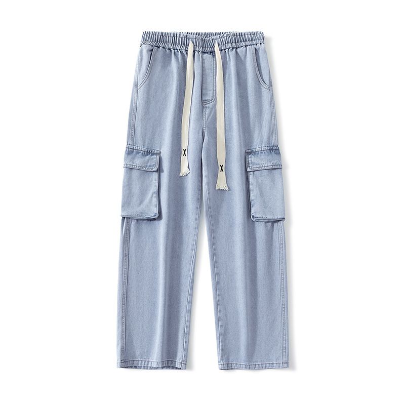 Men's Retro Style Wide Leg Jeans Loose Fit Trendy Cargo Pants High Street Multi Pocket Casual Functional Mid Waist Black Blue_viptrois.com