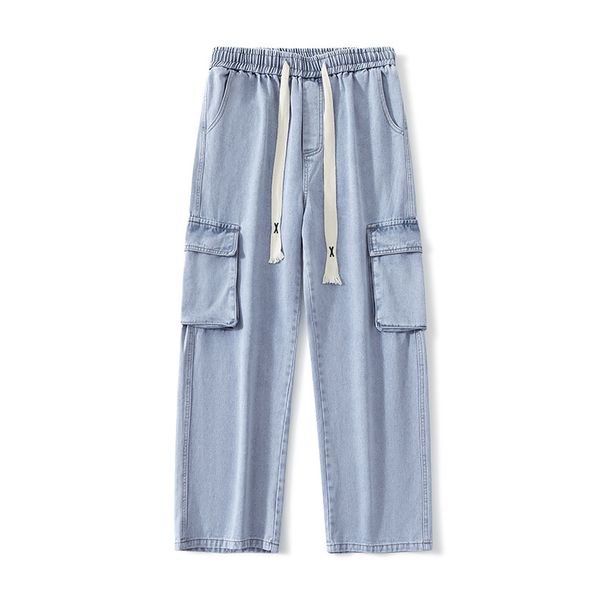 Men's Retro Style Wide Leg Jeans Loose Fit Trendy Cargo Pants High Street Multi Pocket Casual Functional Mid Waist Black Blue_viptrois.com