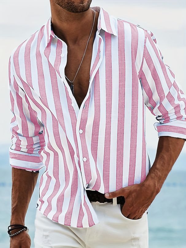 Men's Casual Long Sleeve Striped Shirt - Breathable Polyester, Lightweight & Wrinkle-Resistant, Multiple Colors & Sizes (S-5XL)_viptrois.com