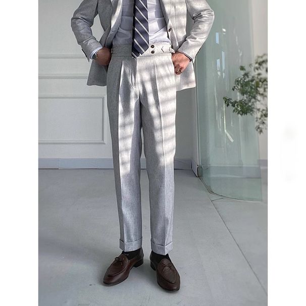 Men's Clothing High Waist Grey Trousers Spring And Autumn Fashion Casual Trousers Buckle Straight Breathable Trousers_viptrois.com