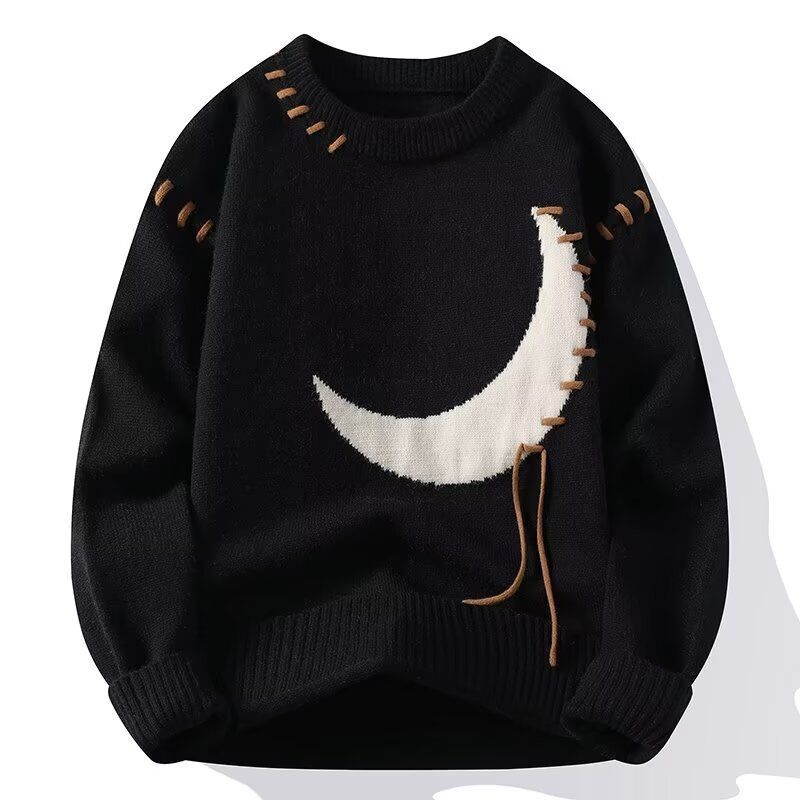 Men's Oversized Cable-Knit Sweater – Soft & Breathable Pullover For Layering (Black, White, Red, Star Print)_viptrois.com