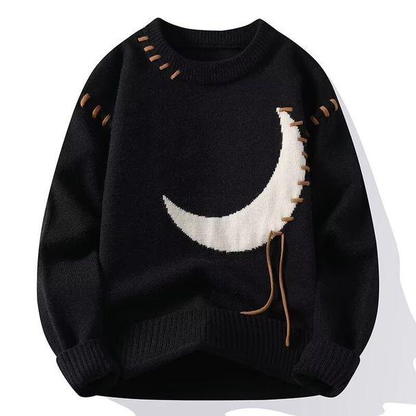 Men's Oversized Cable-Knit Sweater – Soft & Breathable Pullover For Layering (Black, White, Red, Star Print)_viptrois.com