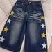 Men's High Waist Relaxed Fit Denim Shorts With Vintage Faded Starfish Print, Casual Wide Leg Cropped Beach Trousers_viptrois.com
