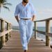 Men's Linen Casual Suit Set - Relaxed Fit Long Sleeve Polo & Trousers For Autumn (Light Blue, Black, White, Gray, Beige) - S-XXXL_viptrois.com