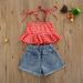 Baby Clothing Stylish girl suit Halter plaid ruffled tank top + denim shorts suit_viptrois.com