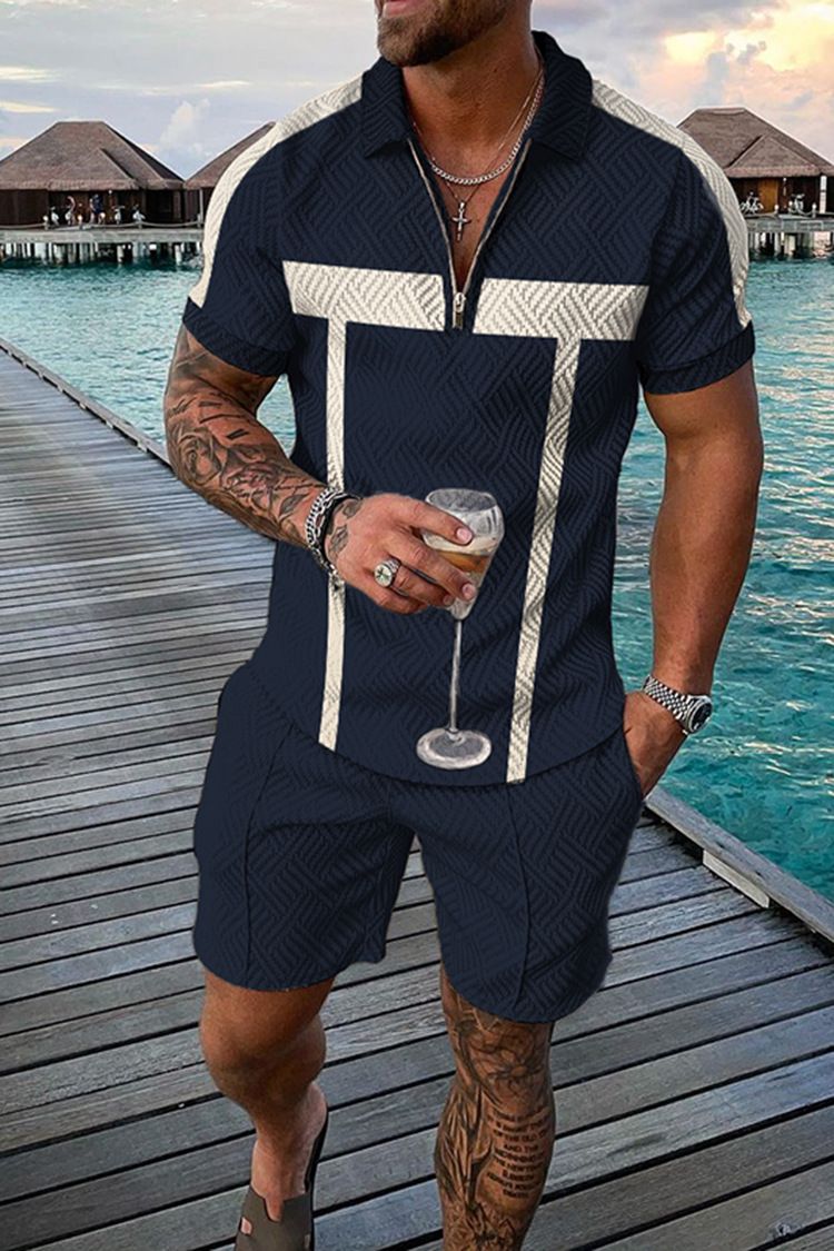 Men's Clothing Foreign Trade Summer New Men's Chain POLO Shirt Suit 3D Printing Fashion Slim Fashion Men's Short Sleeve Two_viptrois.com