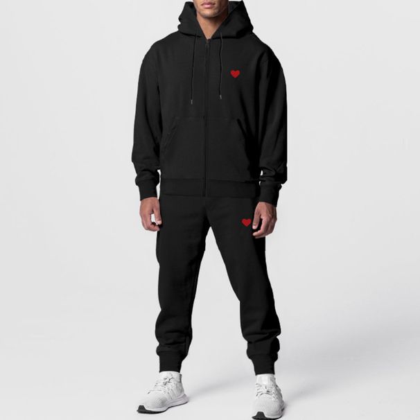 Men's Clothing autumn and winter men's love thick plate printing long sleeved trousers hooded sports leisure fleece warm and comfortable set_viptrois.com