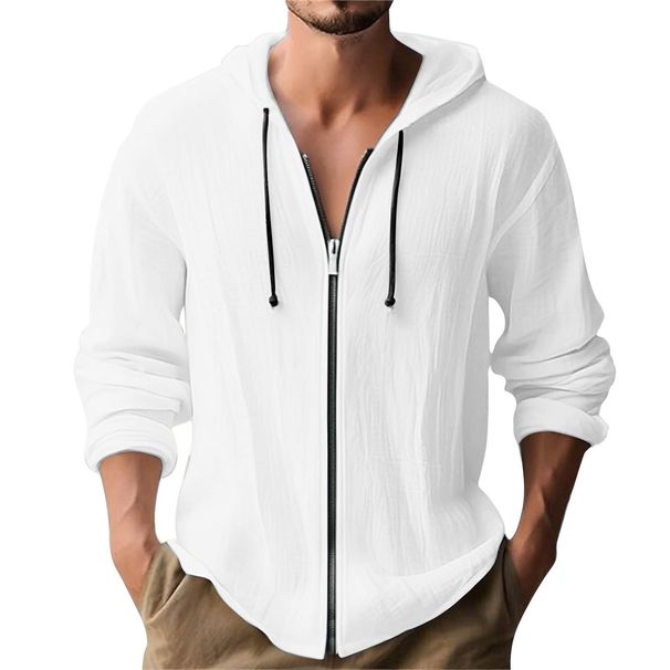 Cross-Border European And American New Cotton Linen Solid Color Hooded Long Sleeve T-Shirt Zipper Cardigan Sports Casual_viptrois.com