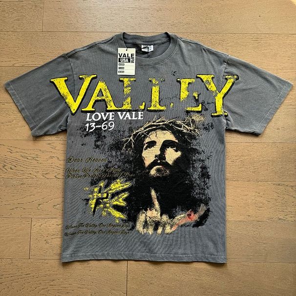 Vale Valley Blurred Portrait Letter Print Round Neck T-Shirt, High Street Style, Unisex, Washed And Distressed, Loose_viptrois.com