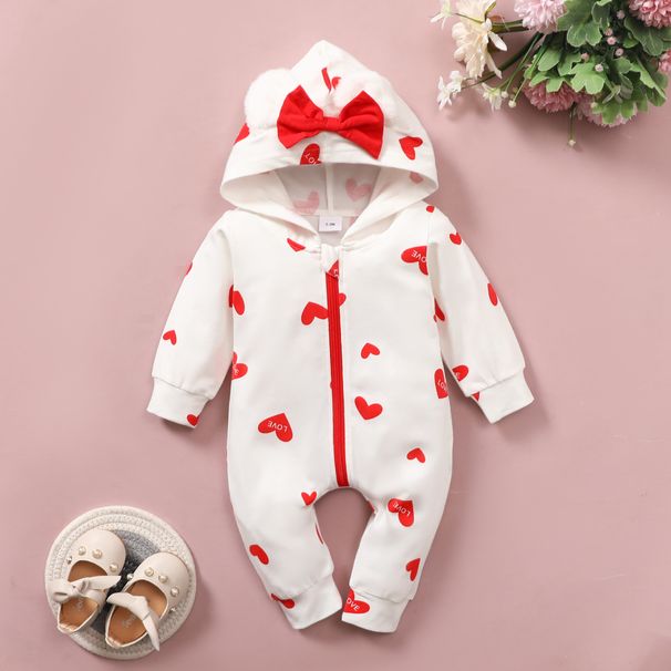 Unisex Baby Hooded Romper With Heart & Bow Design - Soft Cotton Zip-Up Jumpsuit For Infants & Toddlers (80-100cm)_viptrois.com