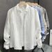 Spring And Summer New Men's Linen Solid Color Lapel Long Sleeved Shirt Trendy All Match Loose Casual Shirt Jacket Men_viptrois.com
