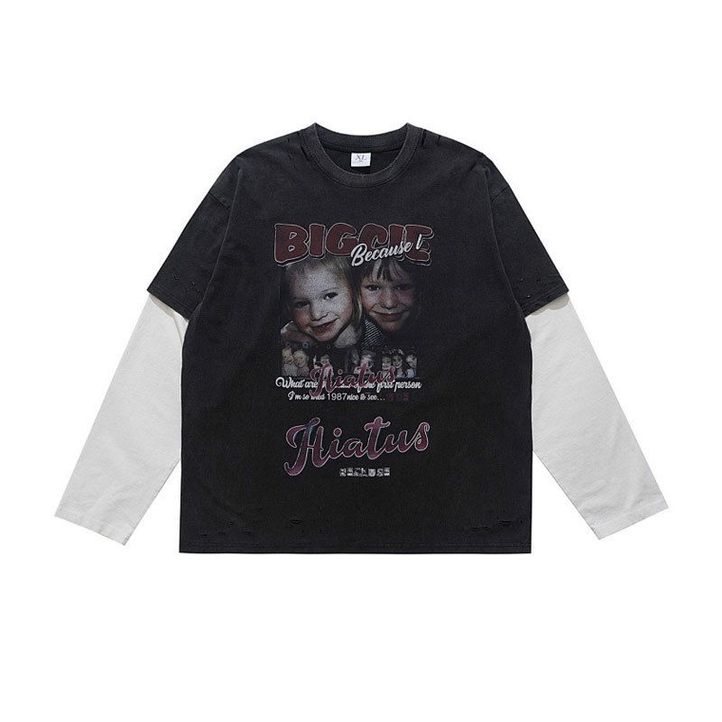 Trendy American-style Washed Children's Character Print Patchwork Faux Two-piece Long-sleeve T-shirt For Autumn_viptrois.com