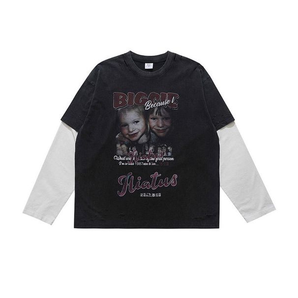 Trendy American-style Washed Children's Character Print Patchwork Faux Two-piece Long-sleeve T-shirt For Autumn_viptrois.com